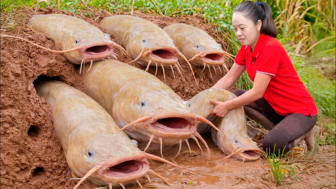 Harvest Giant Burrowing Catfish & Go to Market Sell | CEO Lina 3 days to drain the fish pond