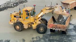 Monster At Heavy-Duty Task Catterpillar 966E Loading Rocks into Trolleys