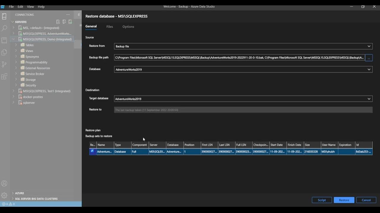 Restoring the sql database from a backup file in azure data studio