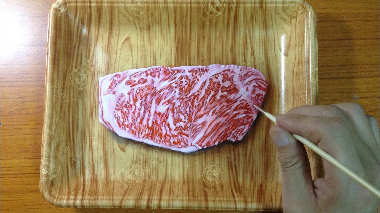トレーに油絵でリアルな牛肉を描く 霜降り I Draw Realistic Beef With Oil Painting On Tray Youtube