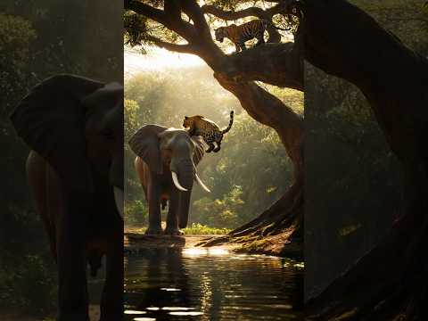 🦁🐘 Tiger & Leopard Climbing on Elephant! Unbelievable Jungle Scene #Wildlife #Shorts