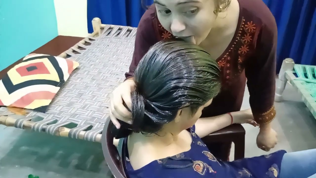 Oily long hair licking 