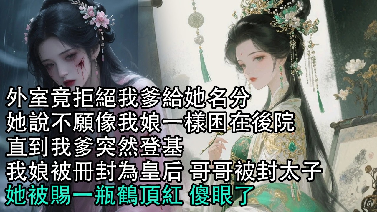 【一口氣看完】外室竟拒絕我爹給她名分，她說不願像我娘一樣困在後院，直到我爹突然登基，我娘被冊封為皇后，哥哥被封太子，她被賜一瓶鶴頂紅，傻眼了#古言 #有聲小說 #情感故事