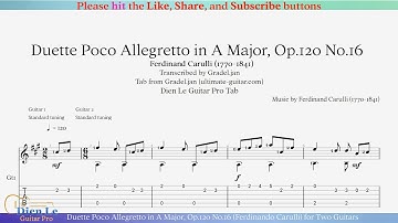 Duette Poco Allegretto in A Major, Op.120 No.16 (Ferdinando Carulli) for Two Guitars with TAB