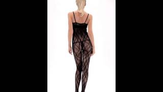 Lace Up Front Crotchless Body Stocking, Black