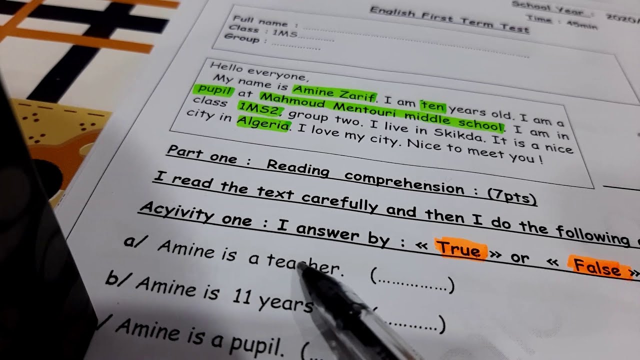 اختبار  الفصل الأول لغة إنجليزية سنة أولى متوسط