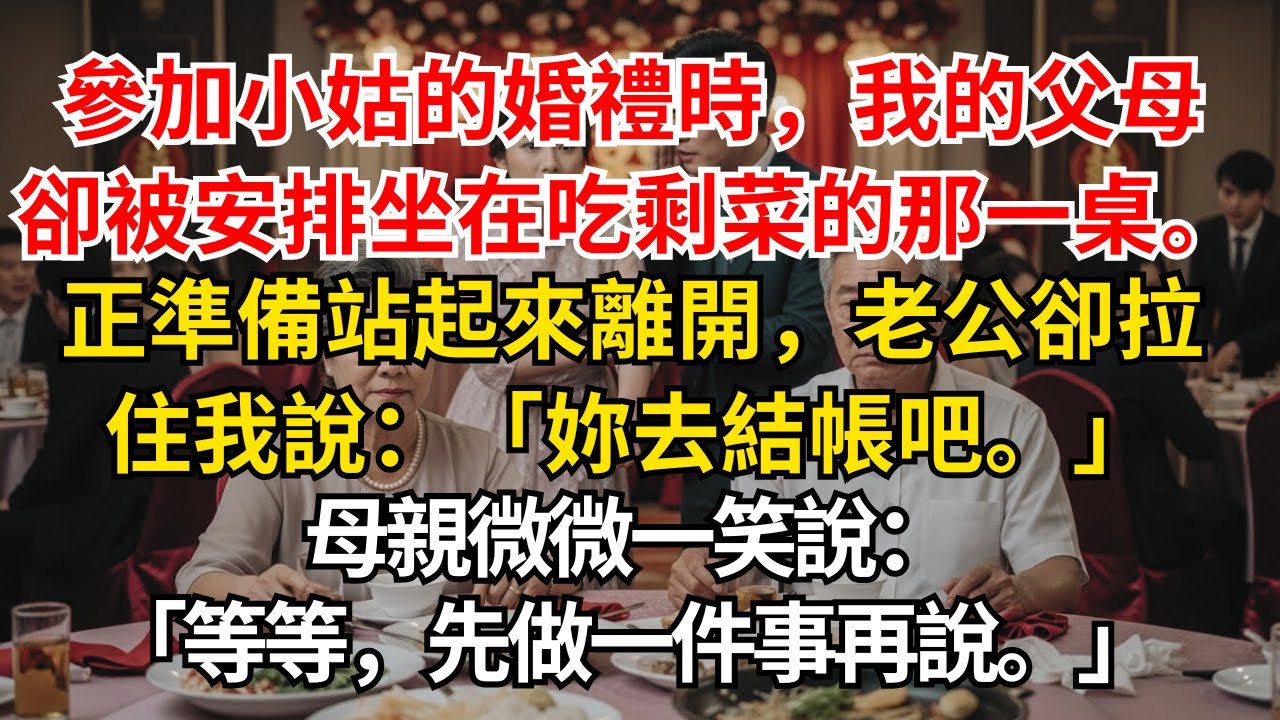 《小姑婚禮上，我爸媽被丟去吃剩菜那桌、老公還叫我去結帳──我當場做了一件誰都想不到的事，結局一翻盤，全家瞬間沉默、後悔到翻臉》#情感故事 #生活經驗 #為人處世 #老年生活#故事