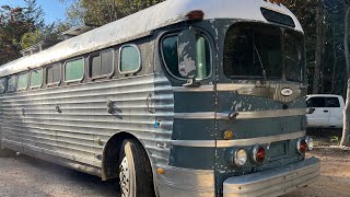 Painting and prep work on the vintage bus.  1947 retired greyhound rv conversion.