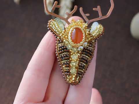 Брошь авторская с сердоликом, бисером Северный олень