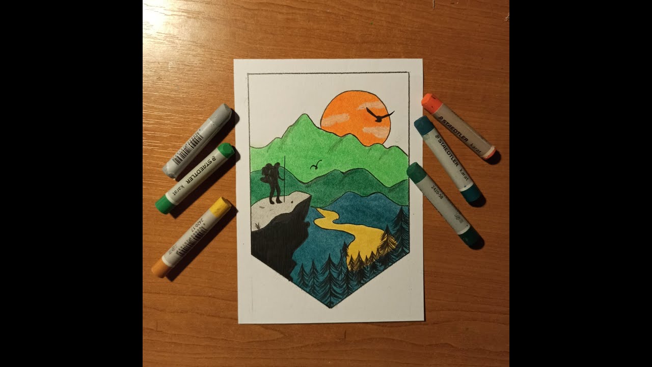 HOW TO USE OIL PASTELS TUTORIAL : Mountain Adventure / Simple Template / Oil pastels for beginners