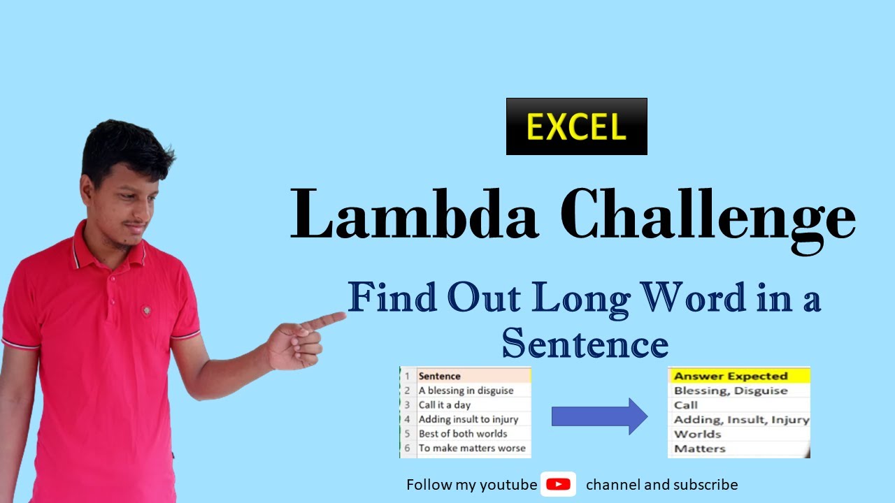 Excel Lambda Challenge : Find Out Longest Word in a Sentence - YouTube