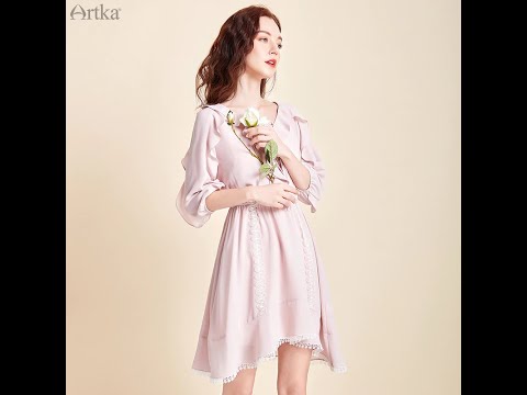 ARTKA 2020 Spring New Women Dress Elegant Ruffled V Neck Dress Lantern Sleeve Elastic Waist 2 Piece