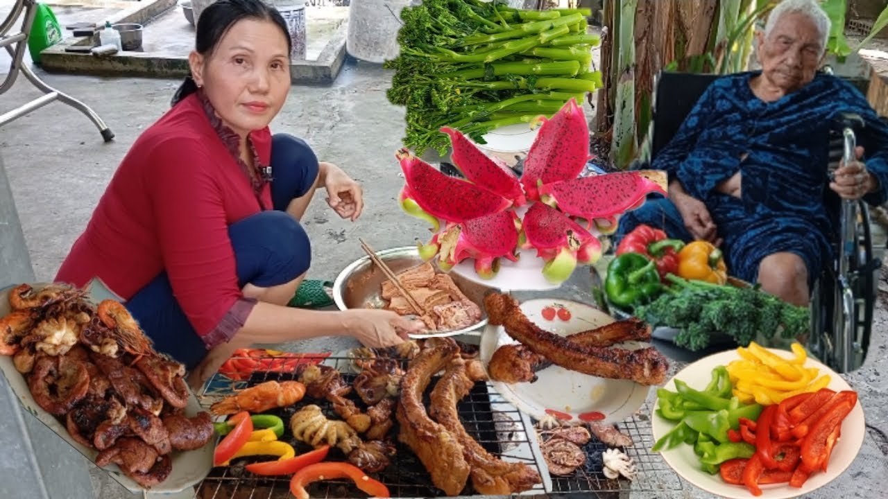 Con gái Bà lão 101 tuổi nướng Phèo Non Sườn cọng Tim Heo, Mực Tôm | Món ...
