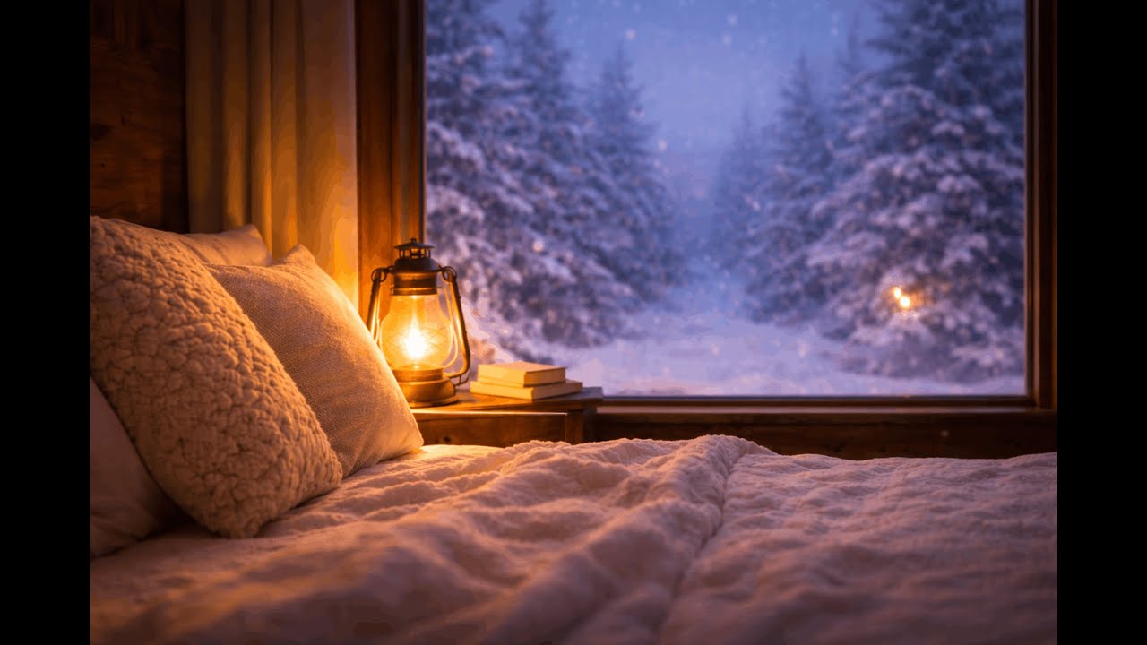 Cozy Snowy Cabin Bedroom at Night  Warm Light & Gentle Ambience 1 Hour