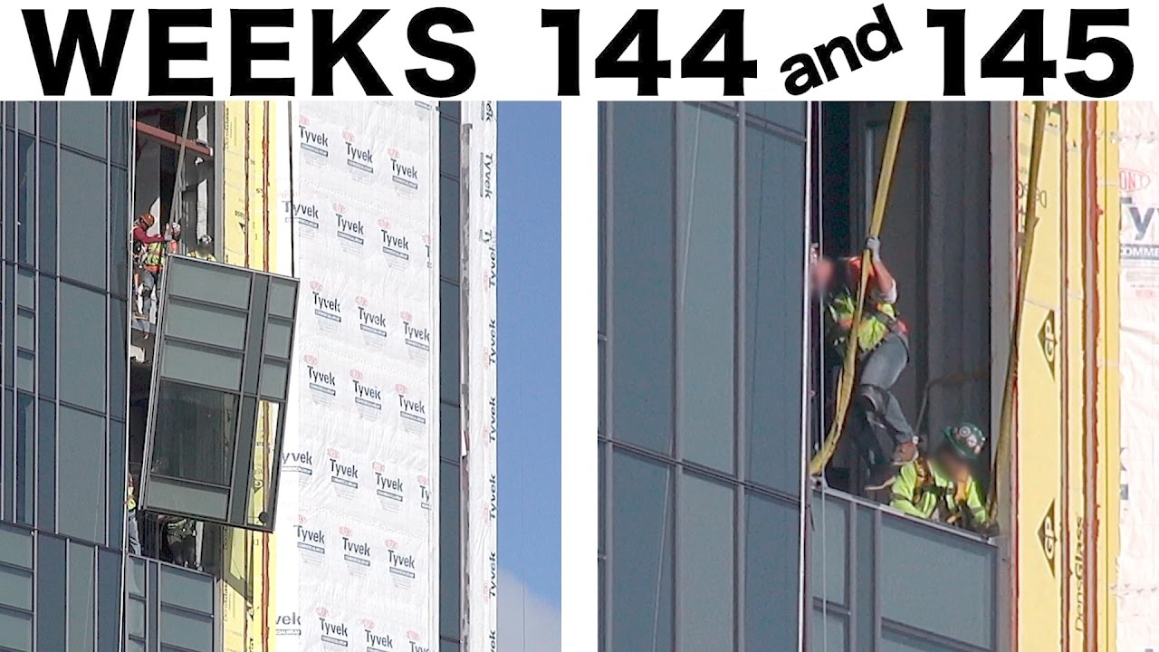 Assorted construction time-lapse clips: Ⓗ Weeks 144+145: Curtain wall glass; Tower cranes; more