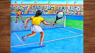Tennis game drawing step by step/How to draw a tennis player girl for beginners screenshot 3