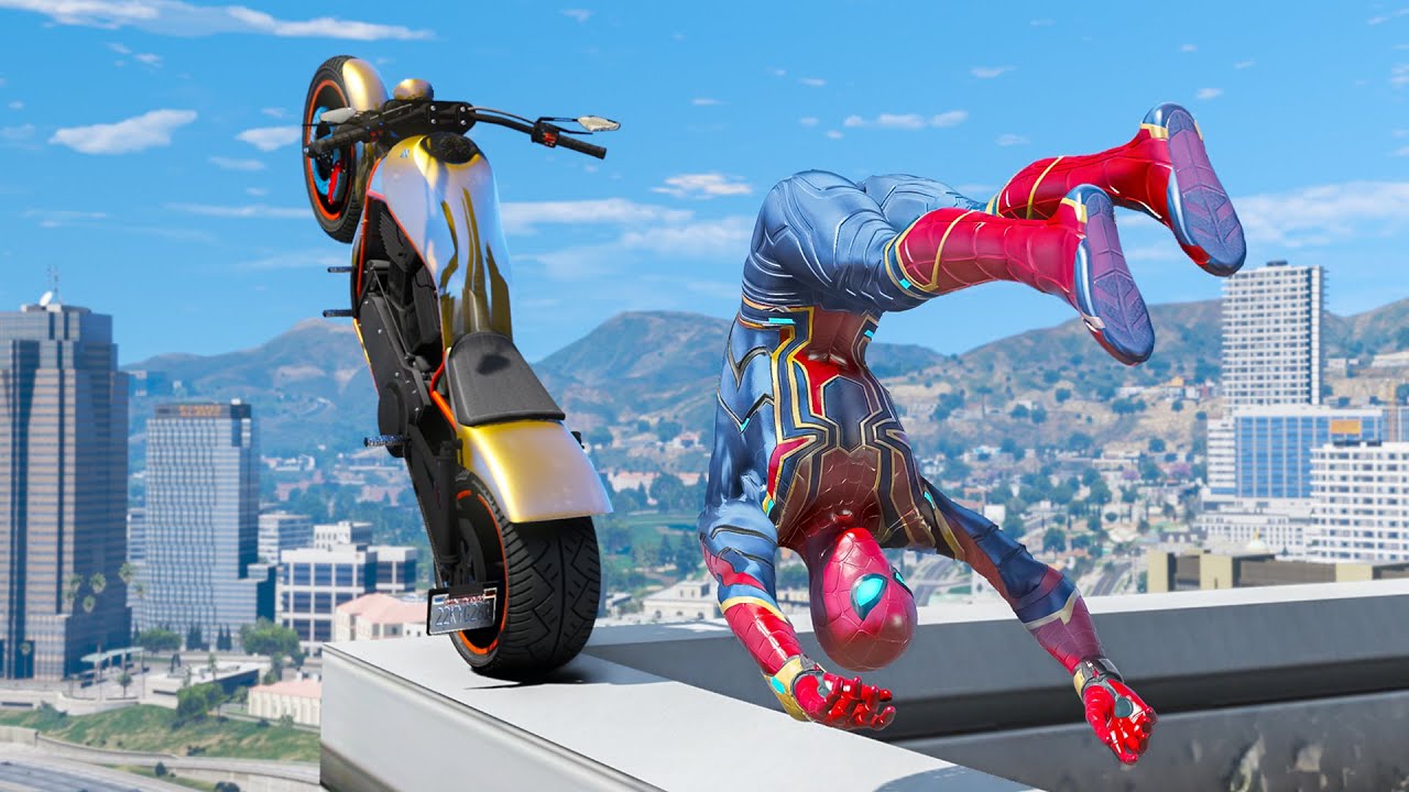 GTA 5 Iron SPIDERMAN Motorcycle Stunt Fails (Euphoria Physics Showcase) Ep 36