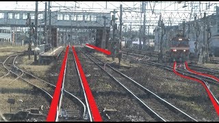 様々な機関車が集結した五稜郭機関区を通過する桔梗駅～五稜郭駅間を走行する函館本線上りキハ40系の前面展望