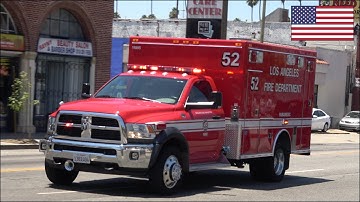 LAFD Rescue Ambulance and fire truck responding with siren and lights