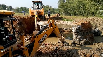 Two JCB Backhoe Machine Trying To Break and Throw out Old Concrete Culvert For New Bridge.- Part- 4