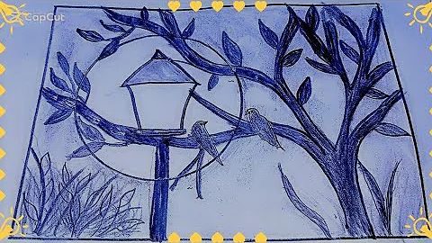 How to Draw Scenery of Moonlight Night by pencil sketch, Love Birds Scenery Drawing