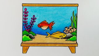 Cara menggambar aquarium || Menggambar ikan di aquarium