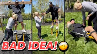 He tries to WALK ON STILTS! *Bad Idea*