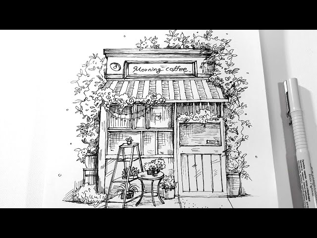 Urban Sketching Cafe - pen drawing class=