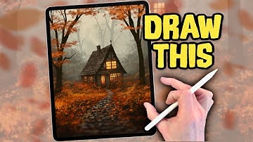 PROCREATE Landscape DRAWING Tutorial in EASY steps - Fall Autumn woods Cottage