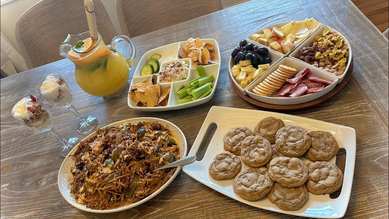 Ginger sauté noodles, best chocolate chip cookies, spinach dip, charcuterie board, fruit parfait