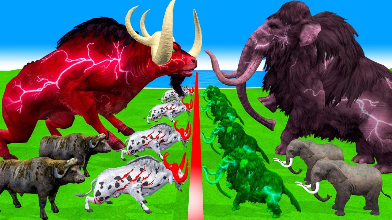 10 Mammoth Elephant Cow vs 10 Giant Lion Tiger vs Zombie Dinosaur Animal Fight Cow Cartoon Rescue