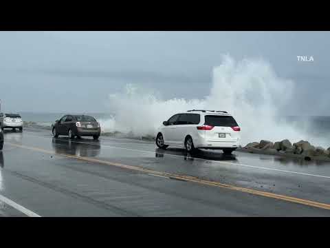 Waves Splash over Pacific Coast Highway