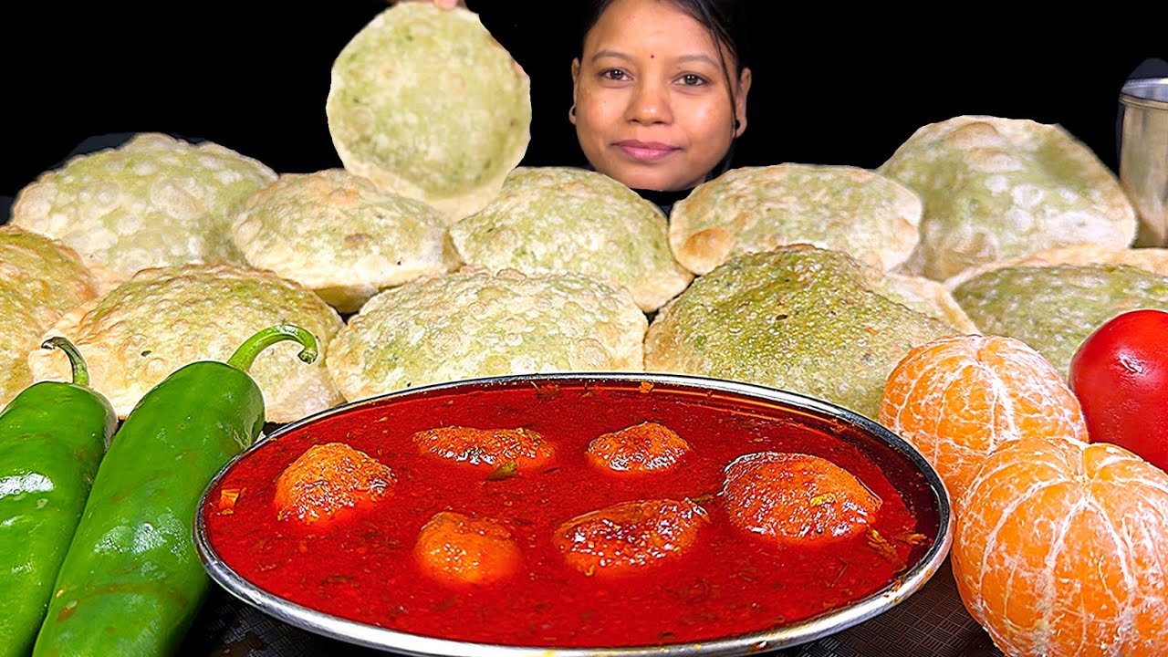 EATING LUCHI/PURI (Koraishutir Kochuri) SPICY DUM ALOO, ORANGE & CHILLI | EATING SHOW 
