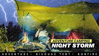 ⛈ ADVENTUROUS CAMPING in heavy rainstorm, bivouac survival tent, bonfire (Rain Sound ASMR)