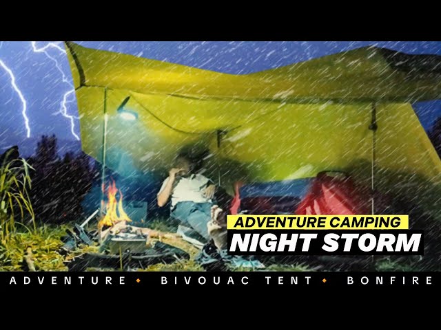 ⛈️ ADVENTURE CAMPING in heavy rainstorm, bivouac survival tent, bonfire (Rain Sound ASMR) class=