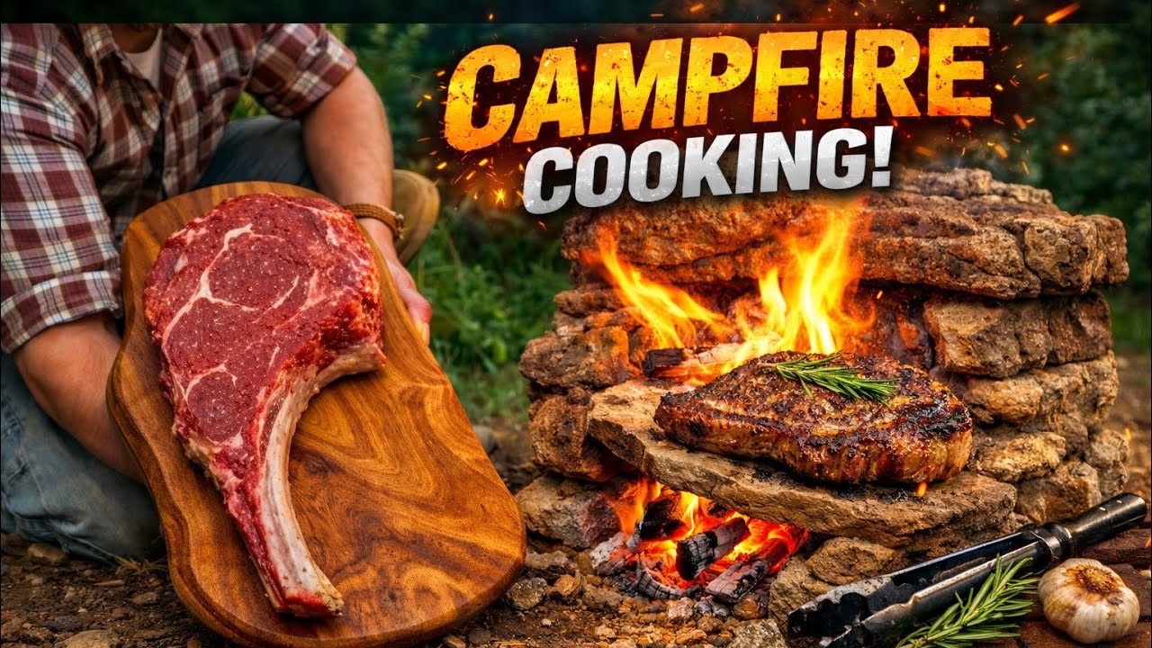 Primitive Tomahawk Steak in a Handmade Stone Oven _ Outdoor Cooking Perfection