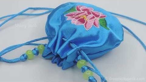 Round Satin Neck Drawstring Bags Coin Pouches with Multicolored Custom Embroidery