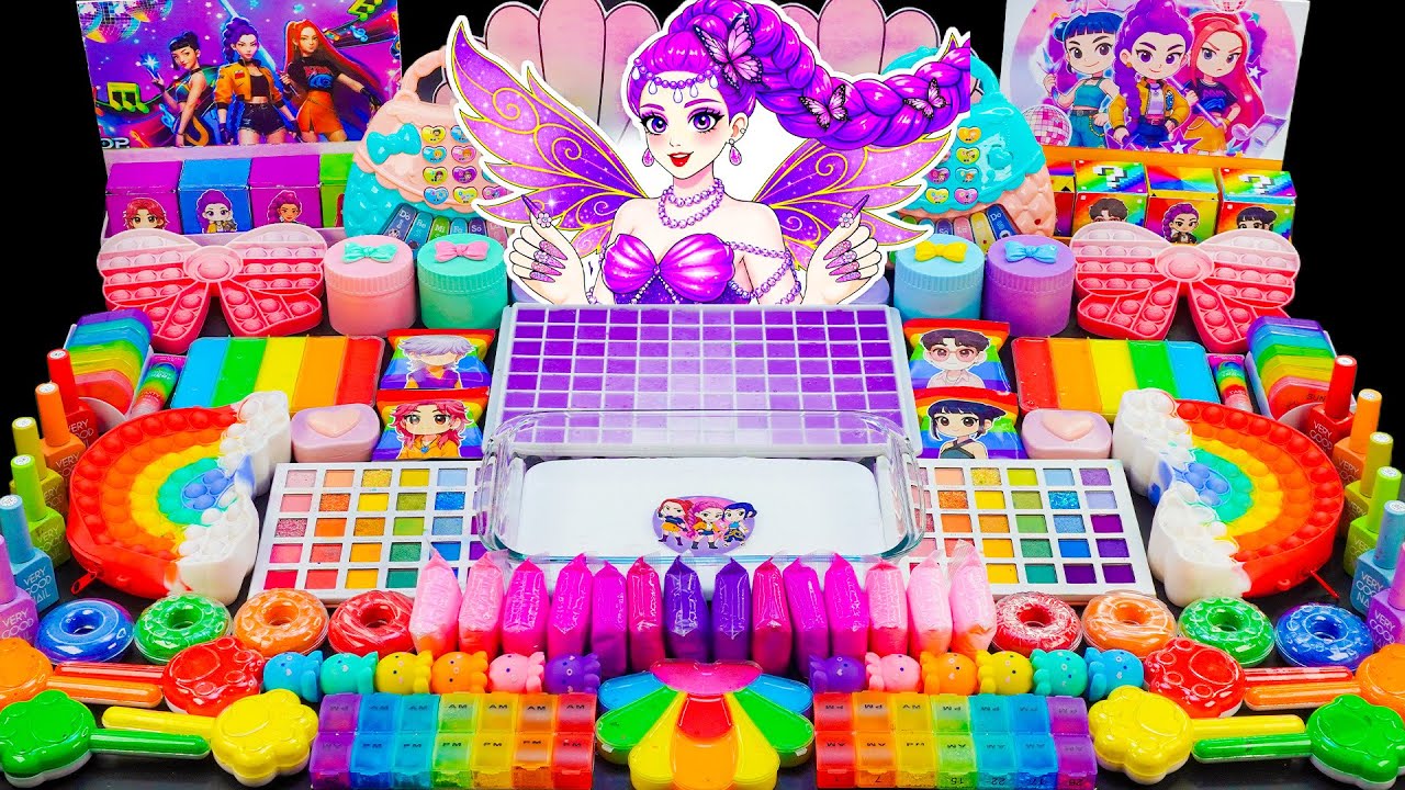 HUNTRIX Mixing Makeup Eyeshadow Into Slime 🌈  KPOP DEMON HUNTERS RUMI PURPLE FAIRY Slime Mixing ASMR