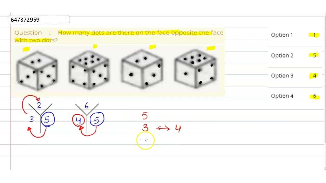 How many dots are there on the face opposite the face with two dots?  | CLASS 14 | CUBES AND DIC...