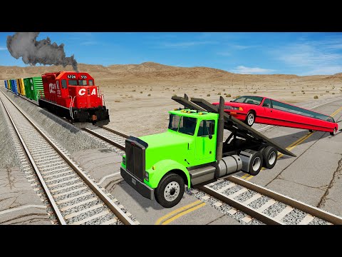 Long Cars vs Portal Trap Truck Rescue - Cars vs Rails and Trains - BeamNG.Drive