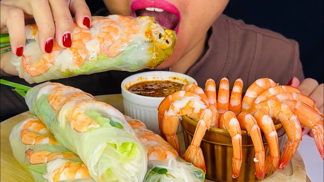 Big bite / fresh spring rolls and prawns cocktail / Angkor ASMR big bite show