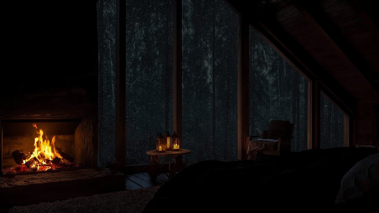 Calm Woodland Rain Ambience 🌙 Crackling Fireplace & Distant Thunder for Sleep