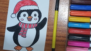 How to draw and colour a Penguin Santa step by step🐧🎅🏻💞🌈#Easy art for kids#video#viral
