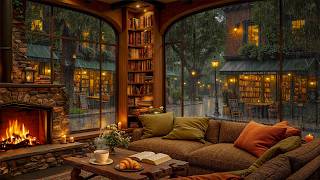 Gentle Rain at Cozy Coffeehouse ☕ Smooth Jazz Piano & Crackling Fire Sounds for Relaxing, Working
