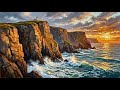 Dramatic Sunset Cliffs & Lighthouse 🌅 | Crashing Ocean Waves | 4K Impasto Art | Ambient Digital Art