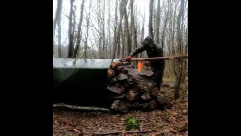 3 Days Bushcraft Winter Camping in Rain and Snow - Stone Fireplace, Camp Cooking, Nature Sounds