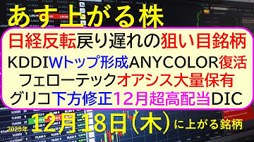 あす上がる株　2025年１２月１８日（木）に上がる銘柄。KDDI、Wトップ形成。ＡＮＹＣＯＬＯＲ復活。フェローテック、オアシス大量保有。グリコ下方修正～最新の日本株情報。高配当株の株価やデイトレ情報～