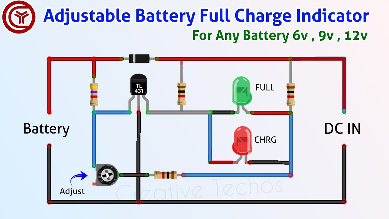 12 volt battery full charge indicator circuit / 6v 9v 12v Adjustable
