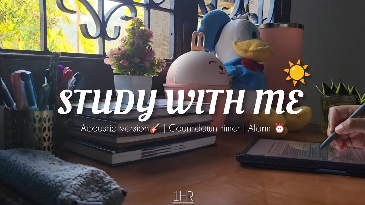 1HR - Study With Me | A slow village morning 🌾 | Acoustic version | Countdown timer | Alarm 