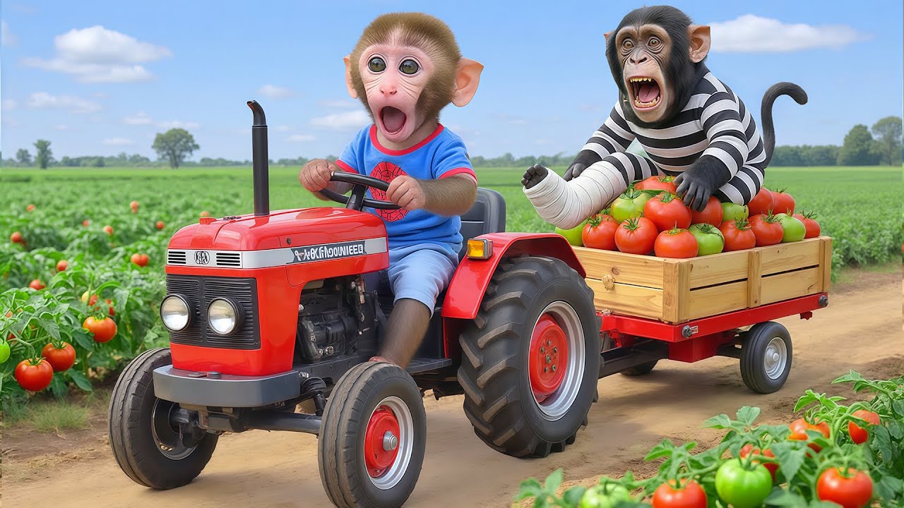 Bebé mono NiNi conduce un tractor para cosechar tomates y descubre a un ladrón en su propio jardín.